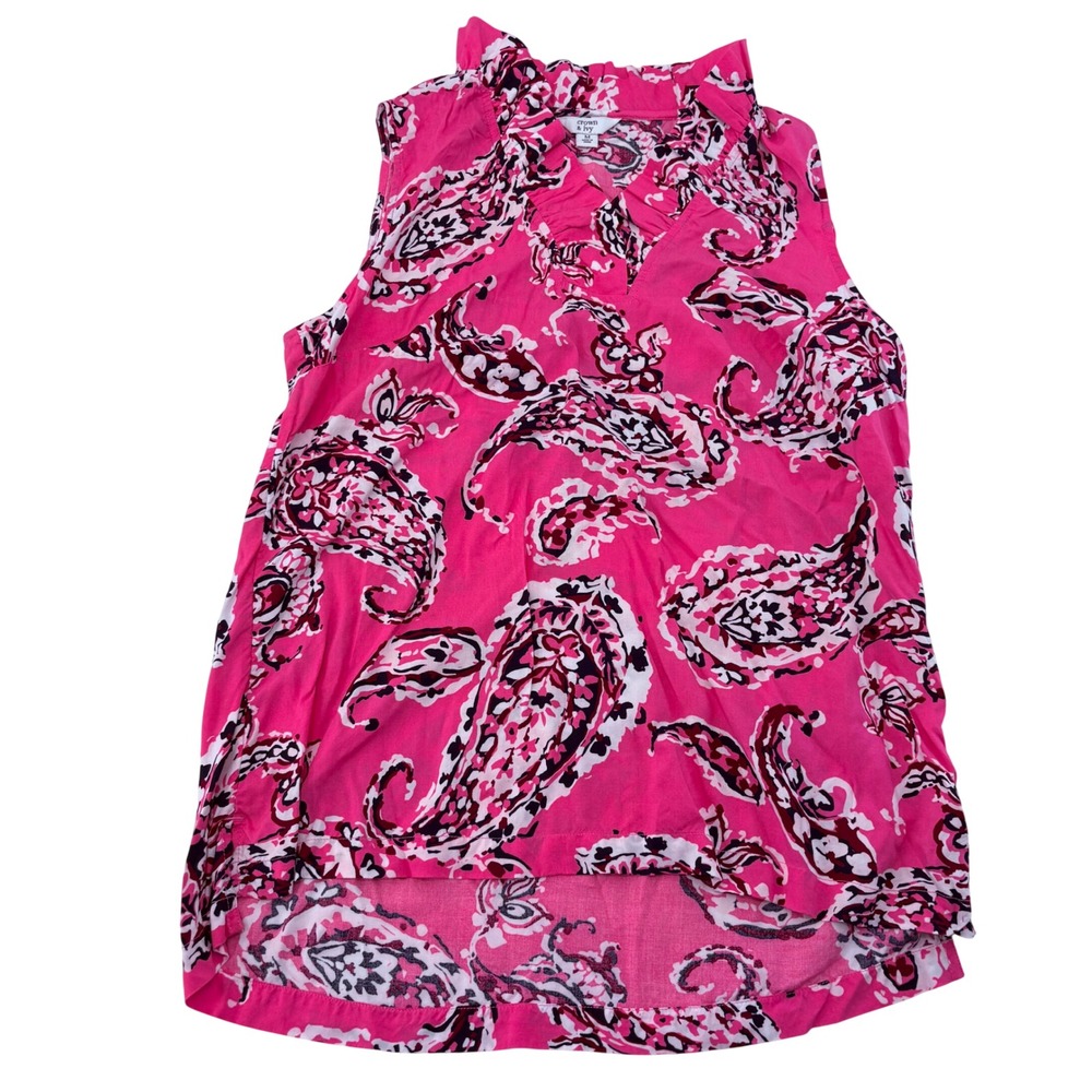 Crown & Ivy Womens Pink Paisley Sleeveless V-Neck Ruffle Top Size M High-Low Hem